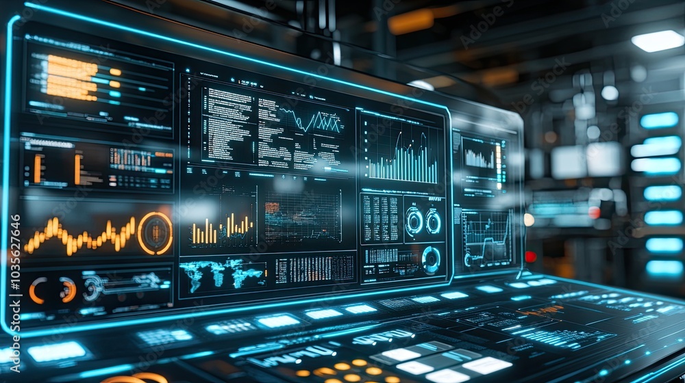 Poster futuristic control panel with data and charts displayed on a digital screen