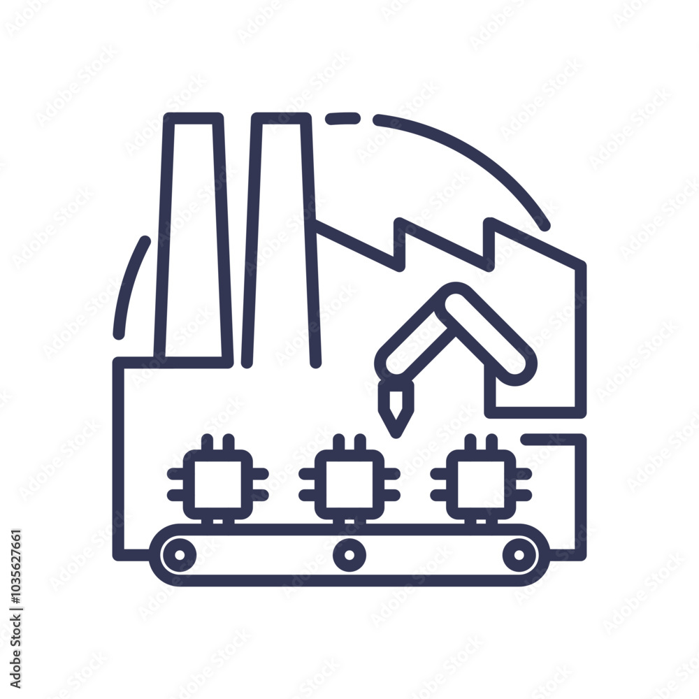 Poster factory with conveyor belt and robotic arm symbolizing automation in manufacturing.