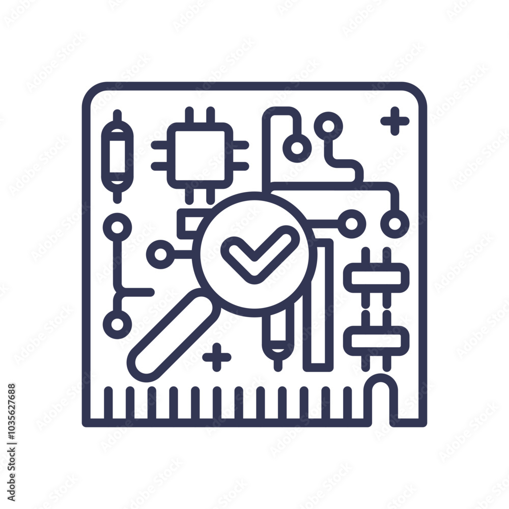 Poster circuit board with magnifying glass and checkmark symbolizes quality control in electronics.