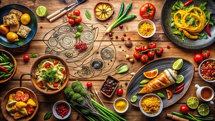 Fototapeta premium Artistic Food Photography: Drawn Line Style for Culinary Delights