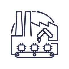 Factory with conveyor belt and robotic arm symbolizing automation in manufacturing.