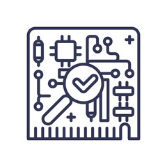 Circuit board with magnifying glass and checkmark symbolizes quality control in electronics.