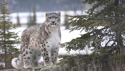 Majestic snow leopard looking at camera in tranquil winter wilderness