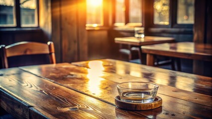 Obraz premium A solitary glass rests on a wooden coaster, reflecting the warm glow of the setting sun through a window in a rustic dining room.