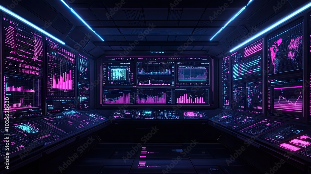 Poster futuristic control room with multiple data screens