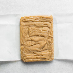 Overhead view of peanut butter fudge slab