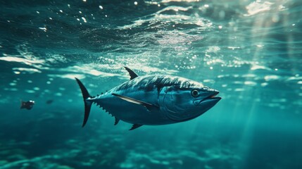 Fototapeta premium A vibrant underwater scene featuring a swimming fish in clear ocean waters.