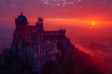 Majestic Castle at Sunset: A Breathtaking View Overlooking the Horizon