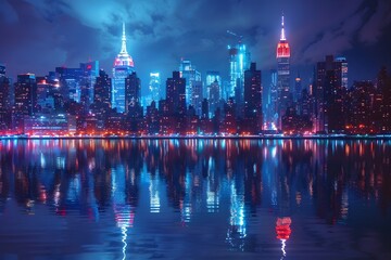 Stunning Night View of a Vibrant City Skyline Reflected in Water