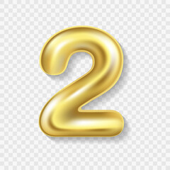 Editable realistic 3D illustration of gold balloon number 2. Gold balloon number 2 isolated. Vector Illustration of gold balloon number 2 on transparent background
