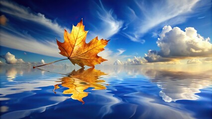 Autumn leaf floating on water reflecting blue sky and white cloud