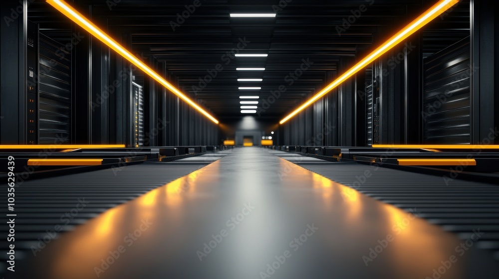 Poster automated warehouse with conveyor sorting system, 3d illustration