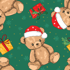 Christmas background Seamless pattern teddy bear new year print design background vector textile for kids fashion