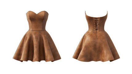 A brown suede leather dress strapless mockup front and back view, leather strapless dress mockup, png file, girl, brown suede, leather strapless dress, mockup, on a transparent backgrounds
