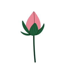Closed bud of lotus flower. Pink water lily flower. Lotus icon for yoga, spa, massage, meditation. Vector illustration on white background.