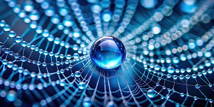 A macro shot of a single blue droplet of water forming on a spider web as it slowly grows and merges with other droplets, natural world, dew drop, micro world