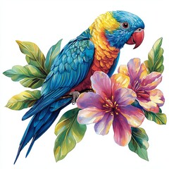 Fototapeta premium Vibrant Watercolor Parrot with Flowers on White Background