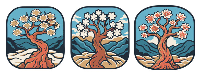 Asian culture set of elements. Collection with traditional symbols of asia. Set of three illustrations in a vintage style, featuring blooming sakura trees in a mountainous landscape