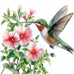Watercolor Portrait of a Hummingbird on White Background