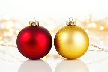 Festive red gold Christmas ornaments with twinkling lights