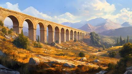Obraz premium A historic aqueduct stretching across a sun-drenched valley, its ancient stone arches standing as a testament to engineering marvels of the past. Roman Aqueduct. Illustration