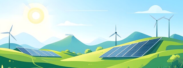 Obraz premium A landscape showing solar panels and wind turbines on green hills, symbolizing renewable energy sources in nature