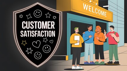 Customer Satisfaction: Diverse Group of Happy Customers Outside a Business