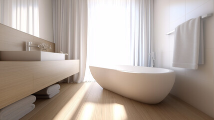 Fototapeta premium Simple bathroom design with a freestanding tub and natural light streaming in 