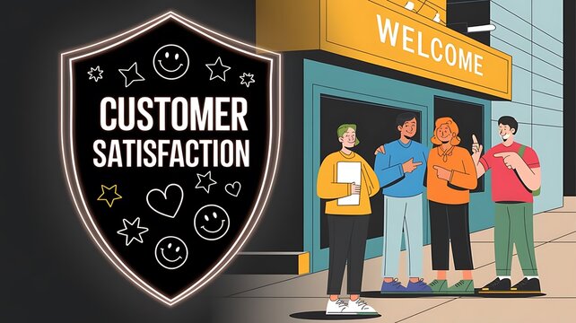 Customer Satisfaction: Diverse Group of Happy Customers Outside a Business