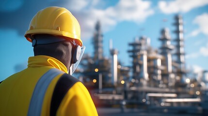 A worker wearing a yellow safety hardhat standing in front of a large chemical refinery plant complex observing the industrial scene with towering smokestacks pipes