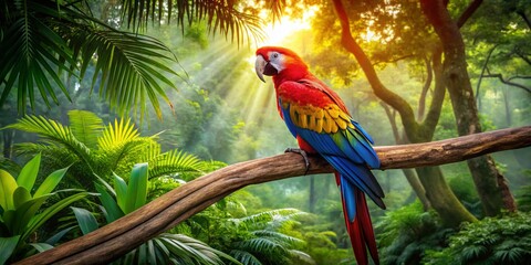 Obraz premium Vibrant Red Parrot in Tropical Rainforest - Captivating Architectural Photography