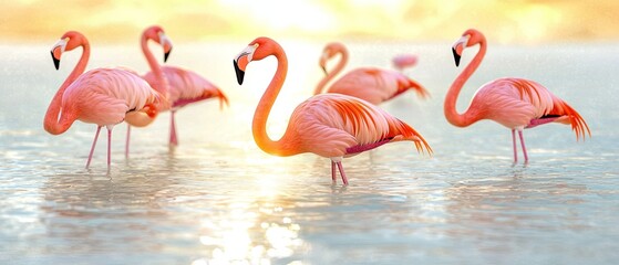 Obraz premium Group of Flamingos Wading in Shallow Lagoon at Sunset