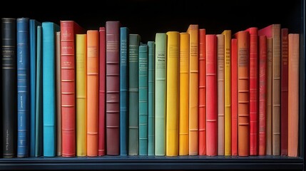 Fototapeta premium bookshelf filled with colorful rainbow folders arranged neatly viewed straight on creating a vibrant and organized backdrop perfect for modern interior design showcasing creativity and order