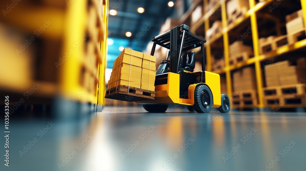 Poster blurred motion image of a warehouse forklift transporting and stacking cargo containers and pallets 
