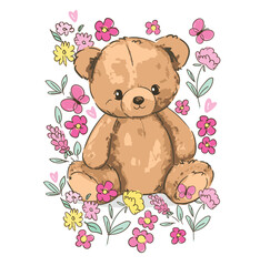 Cute teddy bear and little flowers vector hand drawn illustration cute print design for kids 