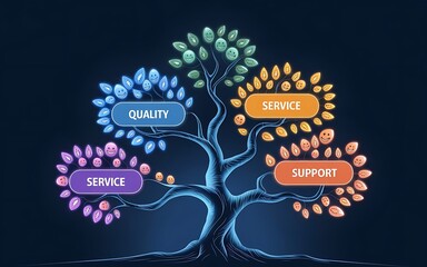 The Pillars of Success: A stylized tree illustration with four branches, each representing a core value: quality, service, support, and service.