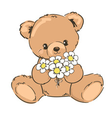 Cute teddy bear and little flowers vector hand drawn illustration cute print design for kids 
