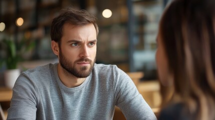 Obraz premium Tempered-looking man in gray shirt, focused on serious conversation with a woman in a minimalist cafe setting, modern interior and muted colors