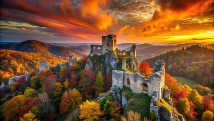 Naklejka premium Autumn Silhouette of Castle Samobor Ruins in Croatia at Dusk