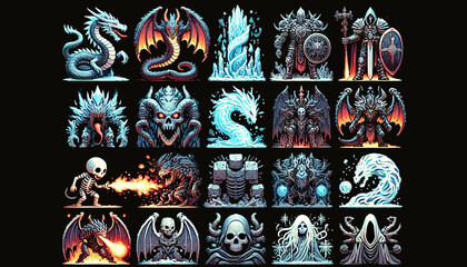 Fantasy illustration featuring dragons skeleton warriors and ice magic