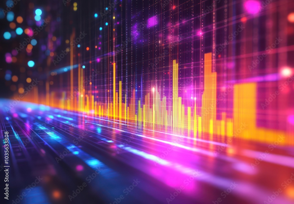 Poster colorful digital data visualization with glowing bar graphs