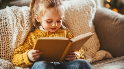 Parent reading a book to a child on a cozy sofa, warm and inviting lighting.