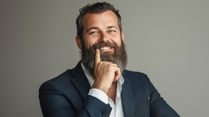 Bearded man in a business suit, smiling with hand on chin, neutral background, studio lighting