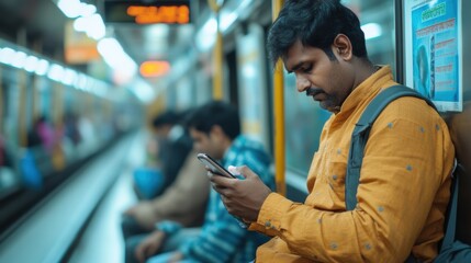 Indian man in a casual outfit leaning on a subway pole, typing on his phone, relaxed posture, with passengers blurred in the background