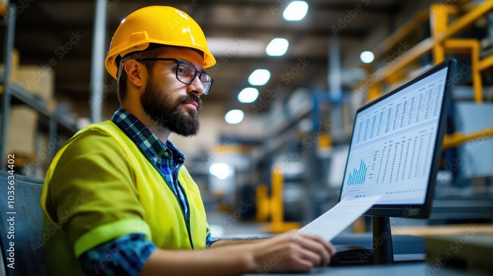 Poster hardworking industrial worker monitoring production process on digital screen in warehouse efficient