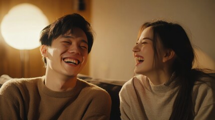 asian man with laughs with a woman next to him, cozy indoor interior with soft light