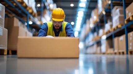 Hardworking warehouse operator in uniform and safety helmet carefully handling and moving shipment packages on forklift in a large industrial storage and distribution facility  Concept of logistics