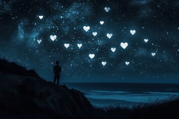 Fototapeta premium starry night sky with heart-shaped constellations tranquil ocean