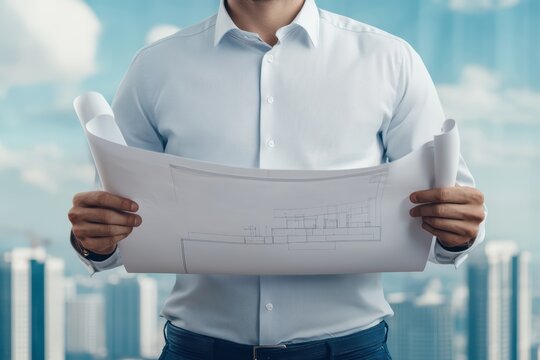A professional holding architectural blueprints with a city skyline backdrop, symbolizing construction and planning.