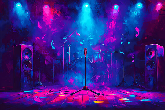 Wallpaper of a rock music stage with musical instruments and beautiful lighting used for a rock music themed party backdrop.